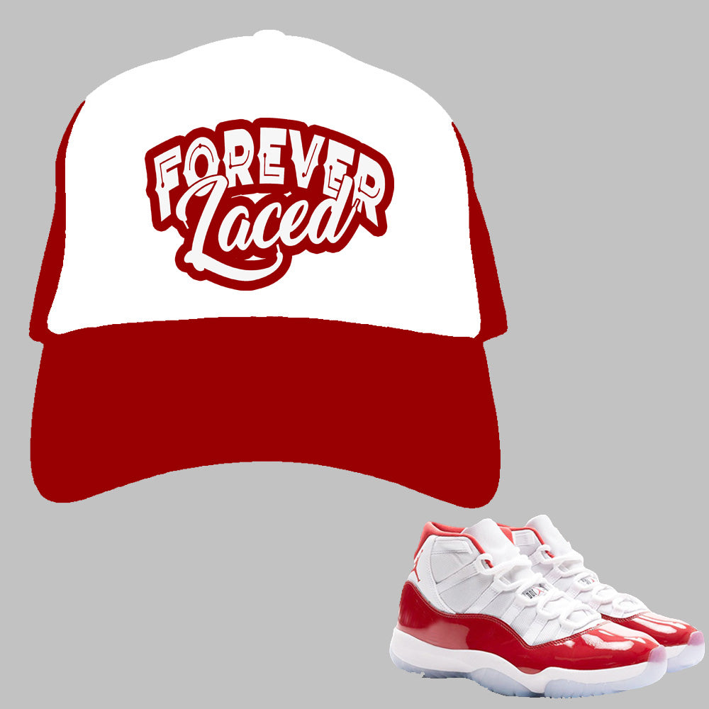 Forever Laced Mesh Trucker Hat to match Retro Jordan 11 Cherry sneakers