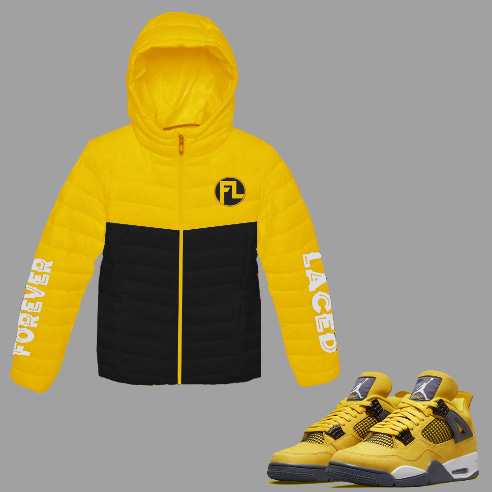 Forever Laced FL Youth Hooded Bubble Jacket to match Retro Jordan 4 Lightning sneakers
