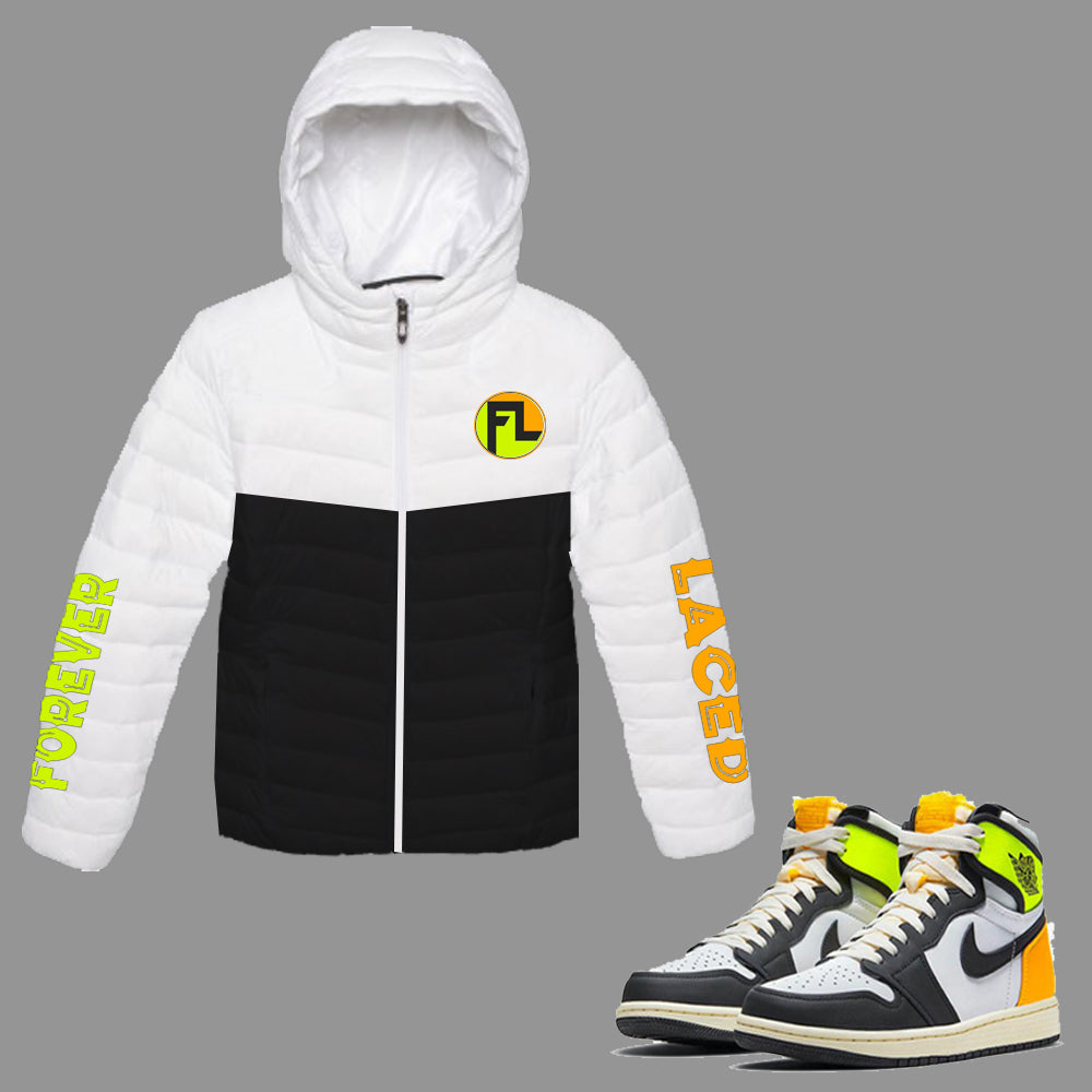 Forever Laced FL Hooded Bubble Jacket to match Retro Jordan 1 Volt Gold