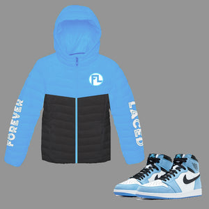 Forever Laced FL Hooded Bubble Jacket to match the Retro Jordan 1 University Blue