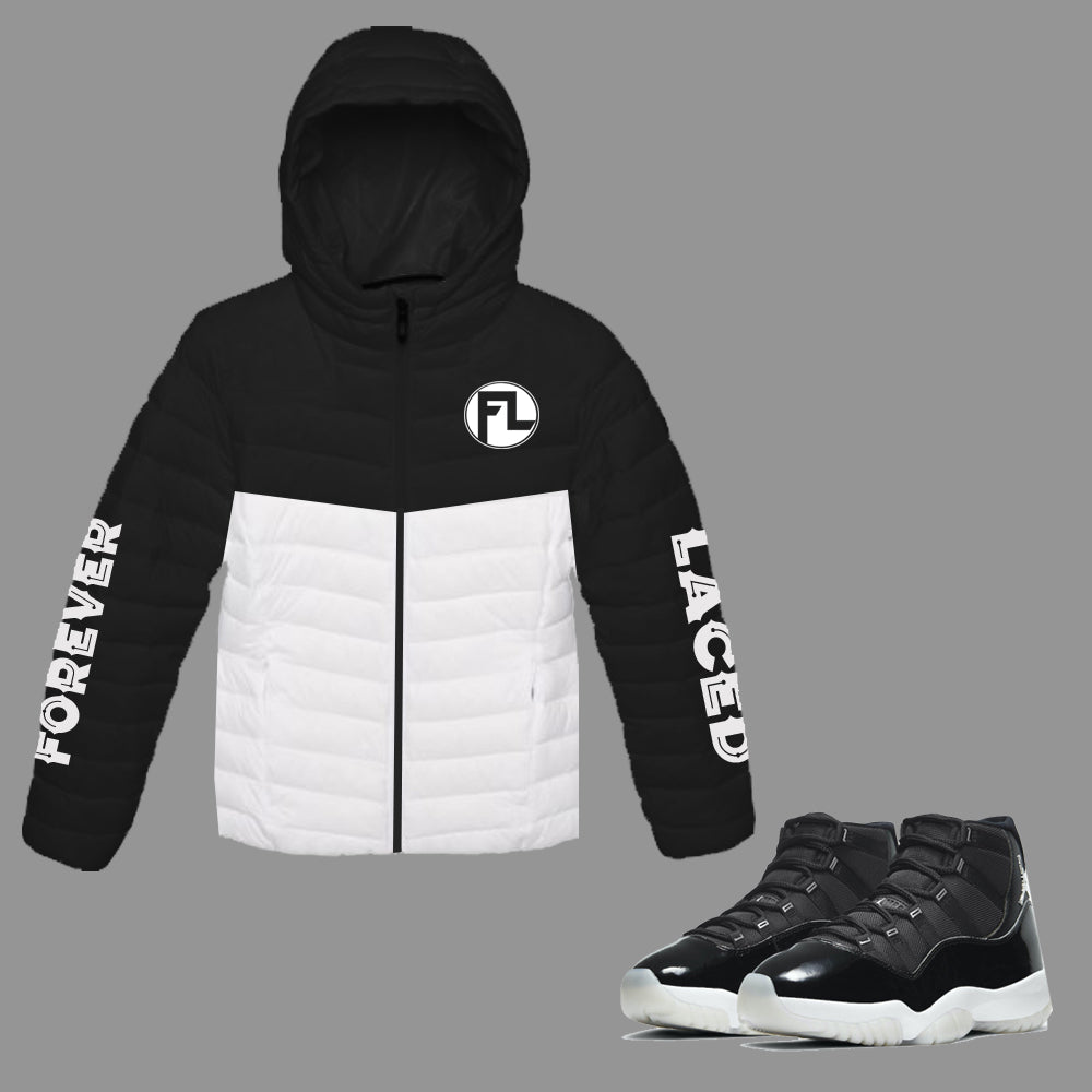 Forever Laced FL Youth Hooded Bubble Jacket to match Retro Jordan 11 Jubilee
