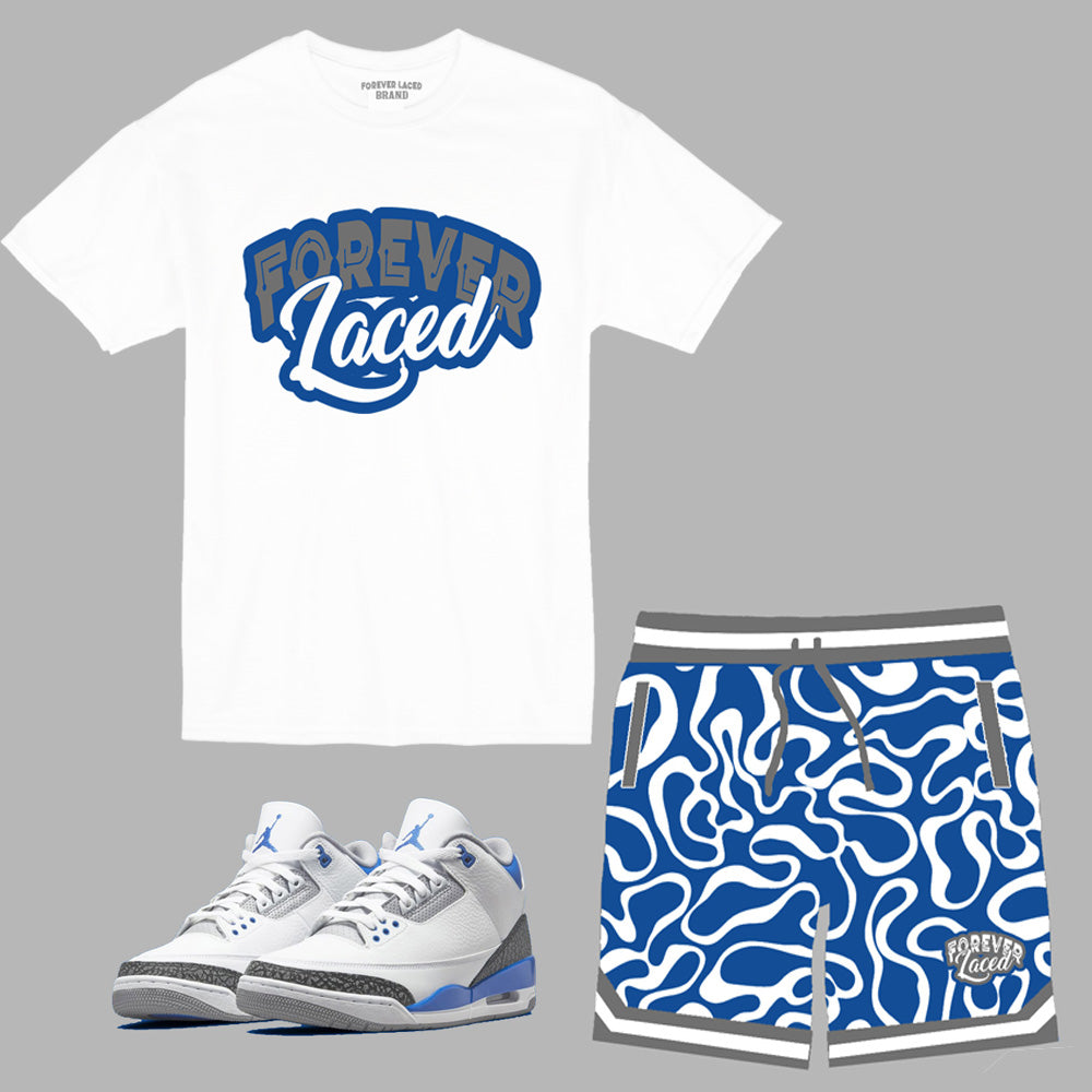 Forever Laced Short Set to match the Retro Jordan 3 Racer Blue sneakers
