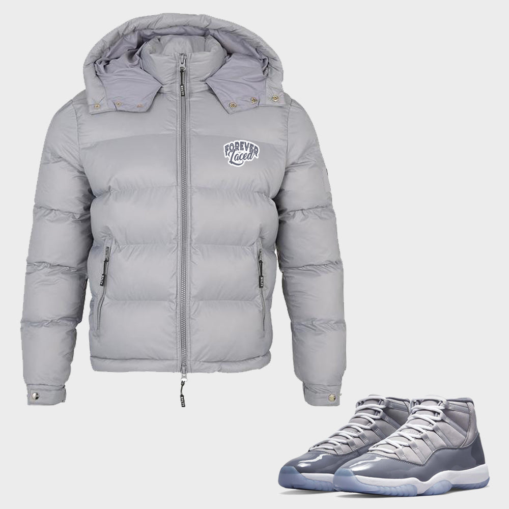 Forever Laced Youth Shiny Detachable Hooded Bubble Jacket to match Retro Jordan 11 Cool Grey
