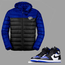 Load image into Gallery viewer, Forever Laced Hooded Bubble Jacket to match Retro Jordan 1 Royal Toe sneakers