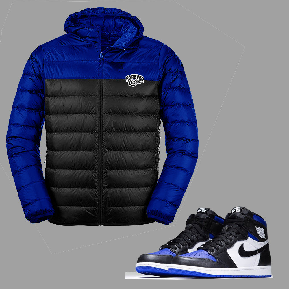 Forever Laced Youth Hooded Bubble Jacket to match Retro Jordan 1 Royal Toe
