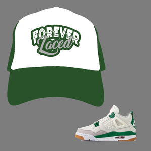 Forever Laced 1 Mesh Trucker Hat to match Retro Jordan 4 Pine Green Sneakers