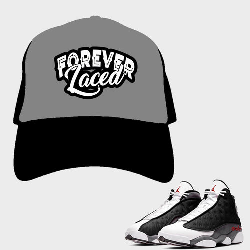 Forever Laced Mesh Trucker Hat to match Retro Jordan 13 Black Flint Sneakers