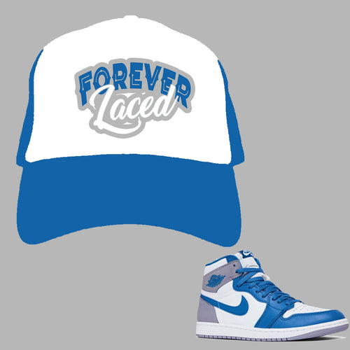 Forever Laced Mesh Trucker Hat to match Retro Jordan 1 True Blue sneakers