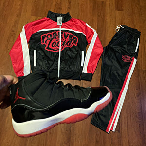 Forever Laced Tracksuit to match Retro Jordan 11 Bred sneakers