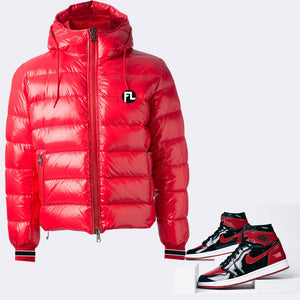 Forever Laced FL Gloss Red Hooded Bubble Coat to match Retro Jordan 1 OG Bred Patent